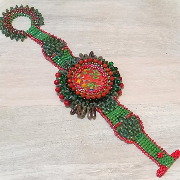 Bohemian Style Watch Style Bracelet with Ceramic Center Handcrafted free form - Picture 3 of 4